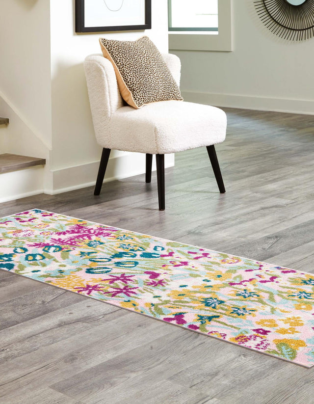 Pink 2' 7 x 10' Bloom Runner Area Rug 100% Polypropylene With Cotton Backing Easy Clean Colorful Blooming Flower Floral Carpet for Living Dining Room Office Dorms for Sale at Rug Engine