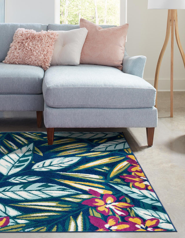 Navy Blue 9' x 12' Bloom Rectangle Area Rug 100% Polypropylene With Cotton Backing Easy Clean Colorful Blooming Flower Floral Carpet for Living Dining Room Office Dorms for Sale at Rug Engine