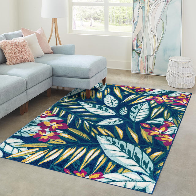 Navy Blue 10' x 14' Bloom Rectangle Area Rug 100% Polypropylene With Cotton Backing Easy Clean Colorful Blooming Flower Floral Carpet for Living Dining Room Office Dorms for Sale at Rug Engine