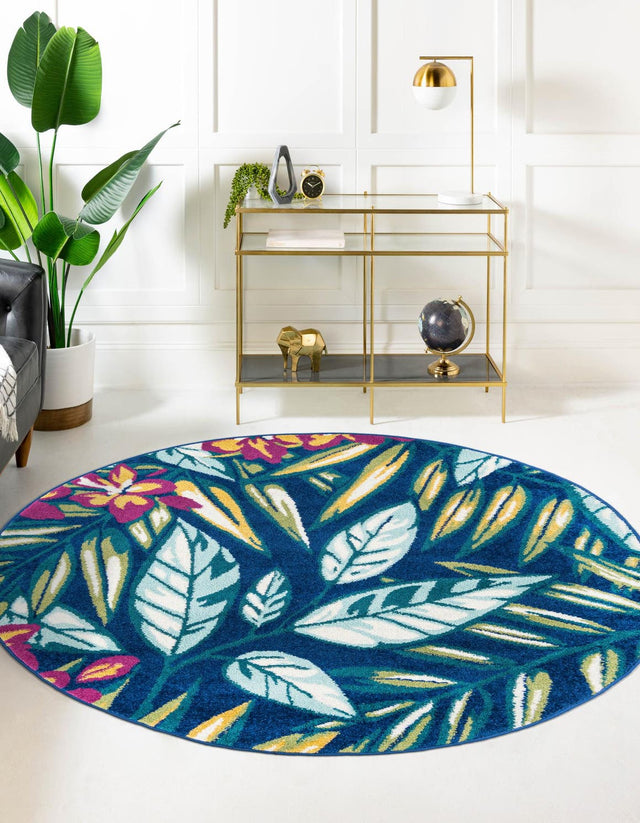 Navy Blue 5' 3 x 5' 3 Bloom Round Area Rug 100% Polypropylene With Cotton Backing Easy Clean Colorful Blooming Flower Floral Carpet for Living Dining Room Office Dorms for Sale at Rug Engine
