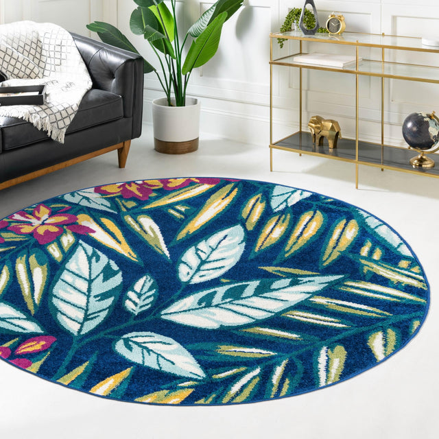 Navy Blue 7' x 7' Bloom Round Area Rug 100% Polypropylene With Cotton Backing Easy Clean Colorful Blooming Flower Floral Carpet for Living Dining Room Office Dorms for Sale at Rug Engine