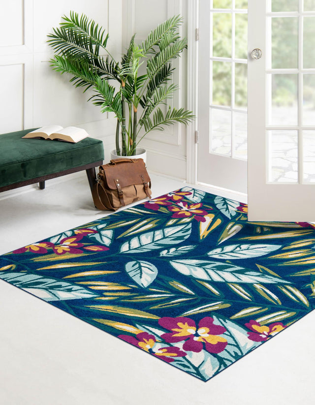 Navy Blue 7' 10 x 7' 10 Bloom Square Area Rug 100% Polypropylene With Cotton Backing Easy Clean Colorful Blooming Flower Floral Carpet for Living Dining Room Office Dorms for Sale at Rug Engine
