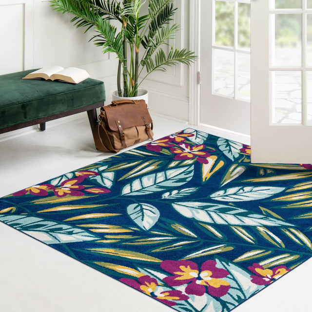 Navy Blue 7' 10 x 7' 10 Bloom Square Area Rug 100% Polypropylene With Cotton Backing Easy Clean Colorful Blooming Flower Floral Carpet for Living Dining Room Office Dorms for Sale at Rug Engine