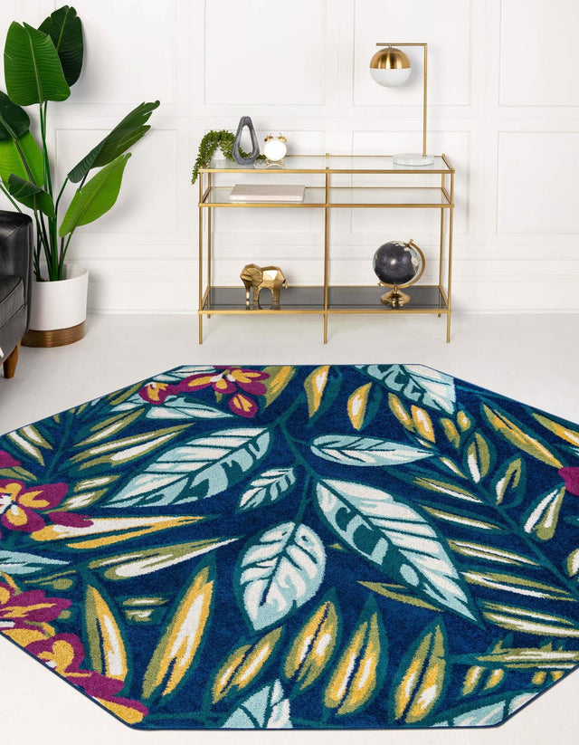 Navy Blue 7' x 7' Bloom Octagon Area Rug 100% Polypropylene With Cotton Backing Easy Clean Colorful Blooming Flower Floral Carpet for Living Dining Room Office Dorms for Sale at Rug Engine