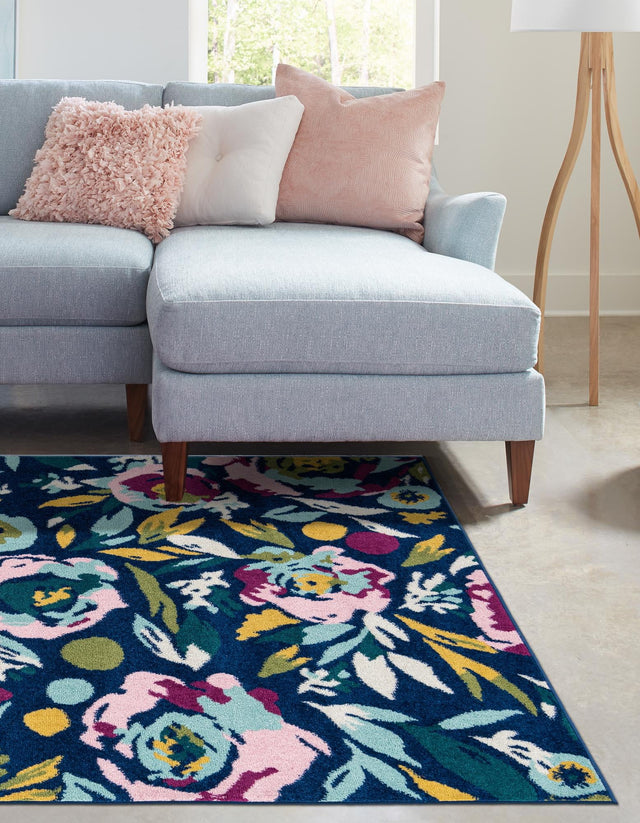 Navy Blue 10' x 14' Bloom Rectangle Area Rug 100% Polypropylene With Cotton Backing Easy Clean Colorful Blooming Flower Floral Carpet for Living Dining Room Office Dorms for Sale at Rug Engine