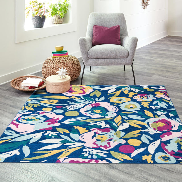 Navy Blue 7' 10 x 7' 10 Bloom Square Area Rug 100% Polypropylene With Cotton Backing Easy Clean Colorful Blooming Flower Floral Carpet for Living Dining Room Office Dorms for Sale at Rug Engine