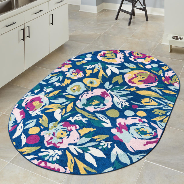 Navy Blue 7' 10 x 10' Bloom Oval Area Rug 100% Polypropylene With Cotton Backing Easy Clean Colorful Blooming Flower Floral Carpet for Living Dining Room Office Dorms for Sale at Rug Engine