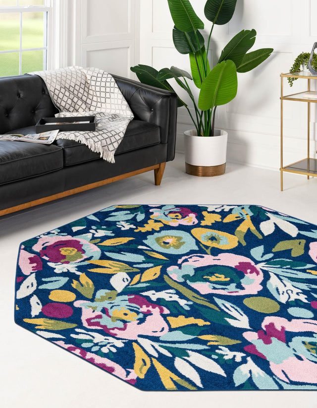 Navy Blue 7' x 7' Bloom Octagon Area Rug 100% Polypropylene With Cotton Backing Easy Clean Colorful Blooming Flower Floral Carpet for Living Dining Room Office Dorms for Sale at Rug Engine