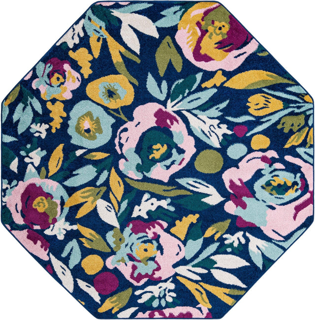 Navy Blue 7' x 7' Bloom Octagon Area Rug 100% Polypropylene With Cotton Backing Easy Clean Colorful Blooming Flower Floral Carpet for Living Dining Room Office Dorms for Sale at Rug Engine