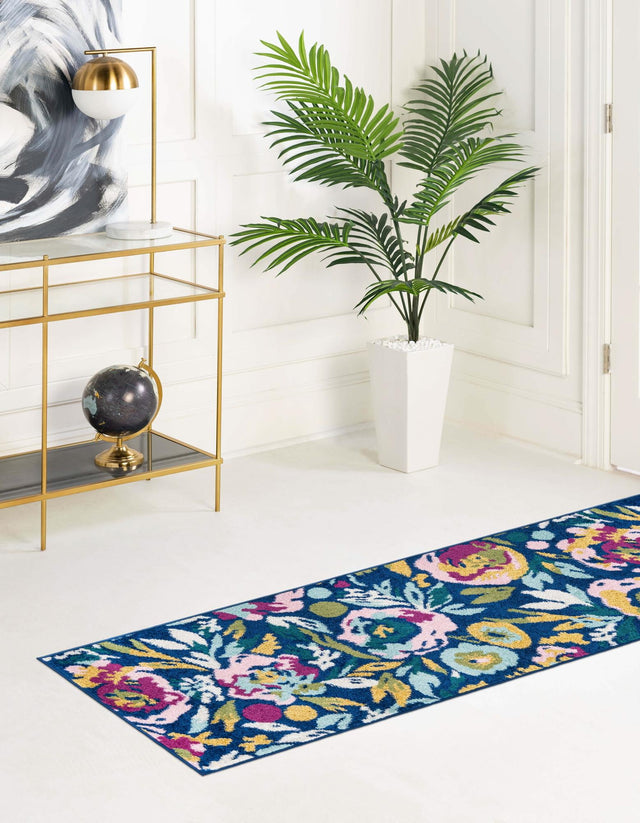 Navy Blue 2' 7 x 12' Bloom Runner Area Rug 100% Polypropylene With Cotton Backing Easy Clean Colorful Blooming Flower Floral Carpet for Living Dining Room Office Dorms for Sale at Rug Engine