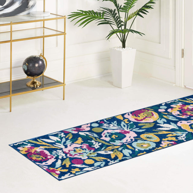 Navy Blue 2' 7 x 12' Bloom Runner Area Rug 100% Polypropylene With Cotton Backing Easy Clean Colorful Blooming Flower Floral Carpet for Living Dining Room Office Dorms for Sale at Rug Engine