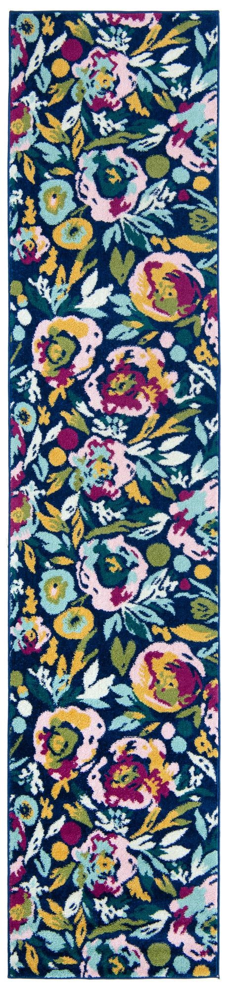 Navy Blue 2' 7 x 12' Bloom Runner Area Rug 100% Polypropylene With Cotton Backing Easy Clean Colorful Blooming Flower Floral Carpet for Living Dining Room Office Dorms for Sale at Rug Engine