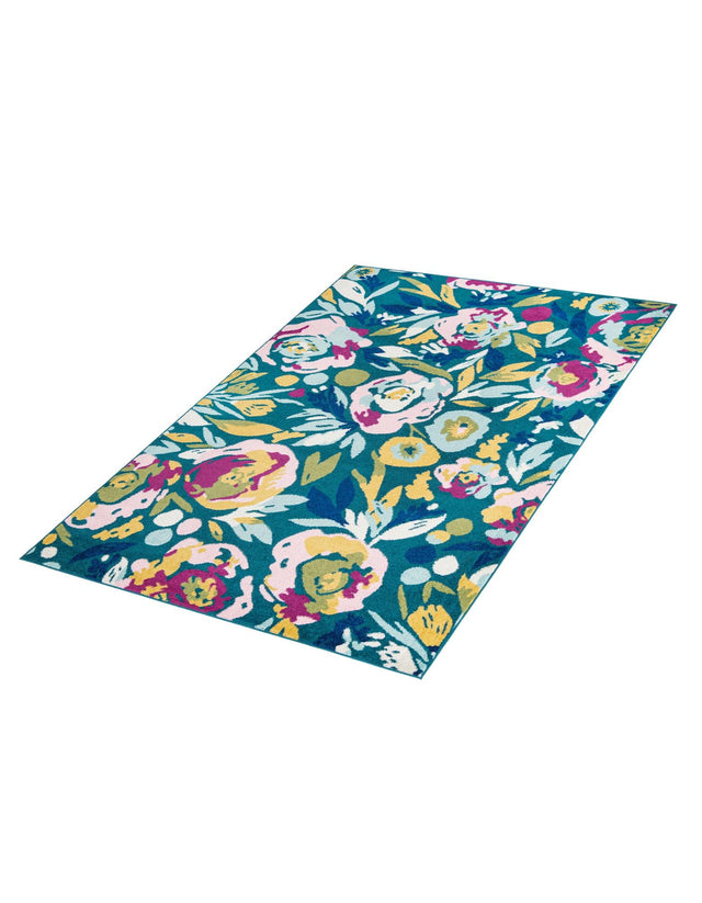 Teal 6' 1 x 9' Bloom Rectangle Area Rug 100% Polypropylene With Cotton Backing Easy Clean Colorful Blooming Flower Floral Carpet for Living Dining Room Office Dorms for Sale at Rug Engine