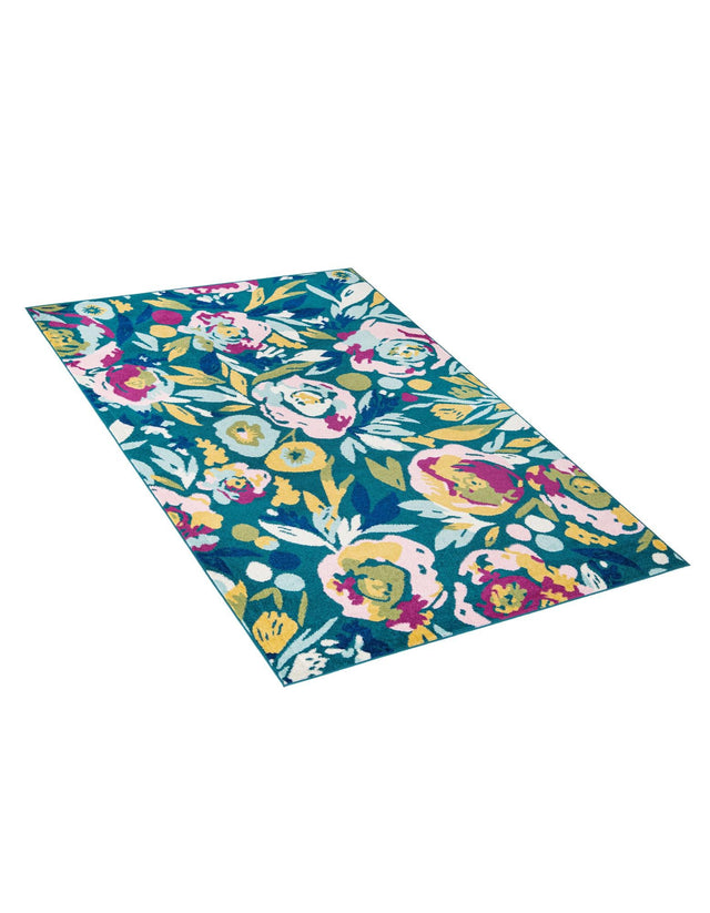 Teal 6' 1 x 9' Bloom Rectangle Area Rug 100% Polypropylene With Cotton Backing Easy Clean Colorful Blooming Flower Floral Carpet for Living Dining Room Office Dorms for Sale at Rug Engine