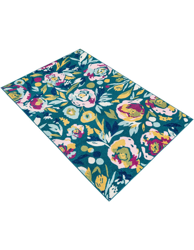 Teal 5' 3 x 8' Bloom Rectangle Area Rug 100% Polypropylene With Cotton Backing Easy Clean Colorful Blooming Flower Floral Carpet for Living Dining Room Office Dorms for Sale at Rug Engine