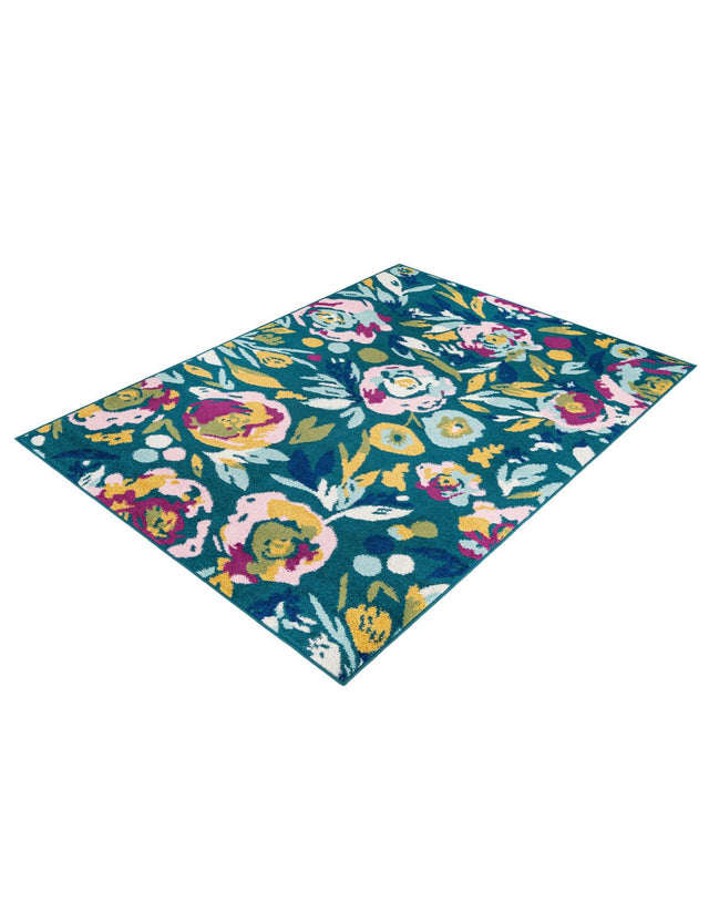 Teal 4' 1 x 6' 1 Bloom Rectangle Area Rug 100% Polypropylene With Cotton Backing Easy Clean Colorful Blooming Flower Floral Carpet for Living Dining Room Office Dorms for Sale at Rug Engine