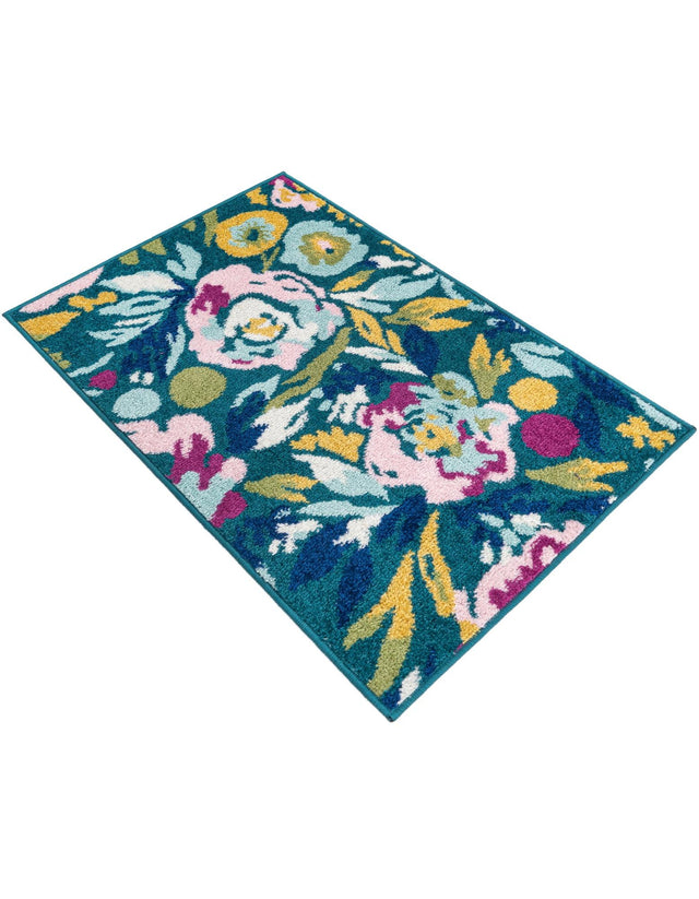 Teal 2' x 3' 1 Bloom Rectangle Area Rug 100% Polypropylene With Cotton Backing Easy Clean Colorful Blooming Flower Floral Carpet for Living Dining Room Office Dorms for Sale at Rug Engine