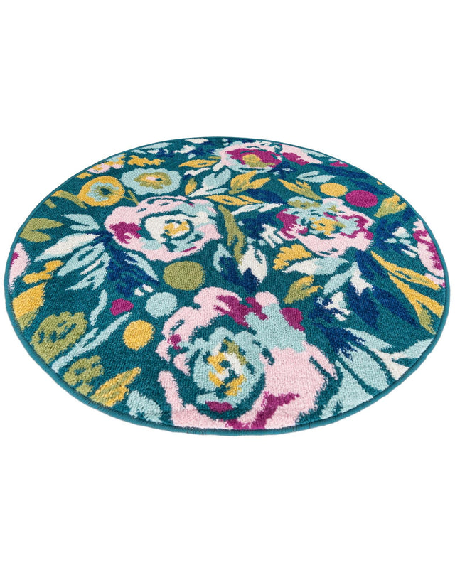 Teal 3' 3 x 3' 3 Bloom Round Area Rug 100% Polypropylene With Cotton Backing Easy Clean Colorful Blooming Flower Floral Carpet for Living Dining Room Office Dorms for Sale at Rug Engine