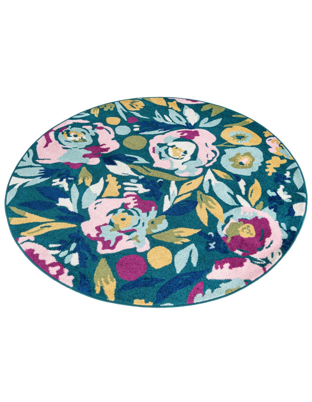 Teal 6' x 6' Bloom Round Area Rug 100% Polypropylene With Cotton Backing Easy Clean Colorful Blooming Flower Floral Carpet for Living Dining Room Office Dorms for Sale at Rug Engine