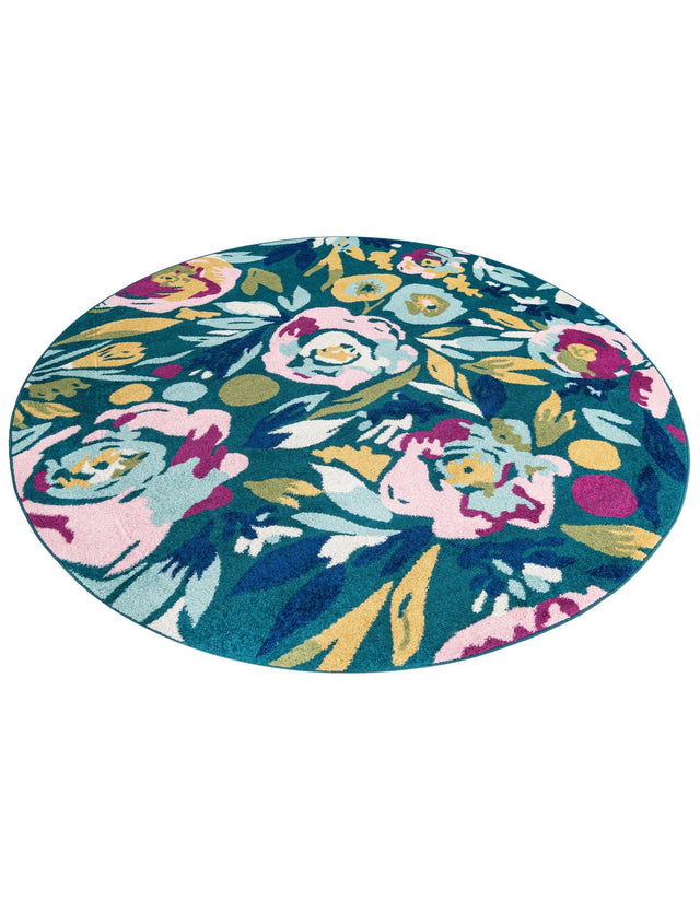 Teal 7' x 7' Bloom Round Area Rug 100% Polypropylene With Cotton Backing Easy Clean Colorful Blooming Flower Floral Carpet for Living Dining Room Office Dorms for Sale at Rug Engine