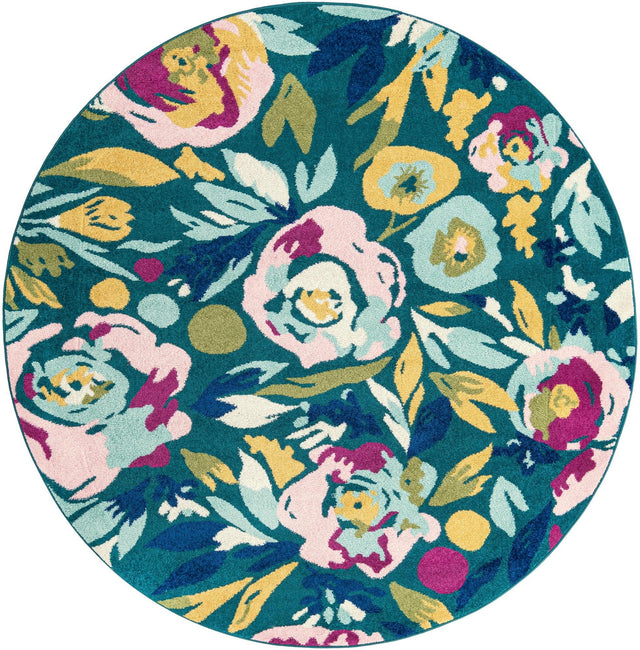 Teal 7' x 7' Bloom Round Area Rug 100% Polypropylene With Cotton Backing Easy Clean Colorful Blooming Flower Floral Carpet for Living Dining Room Office Dorms for Sale at Rug Engine