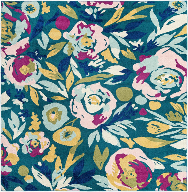 Teal 7' 10 x 7' 10 Bloom Square Area Rug 100% Polypropylene With Cotton Backing Easy Clean Colorful Blooming Flower Floral Carpet for Living Dining Room Office Dorms for Sale at Rug Engine