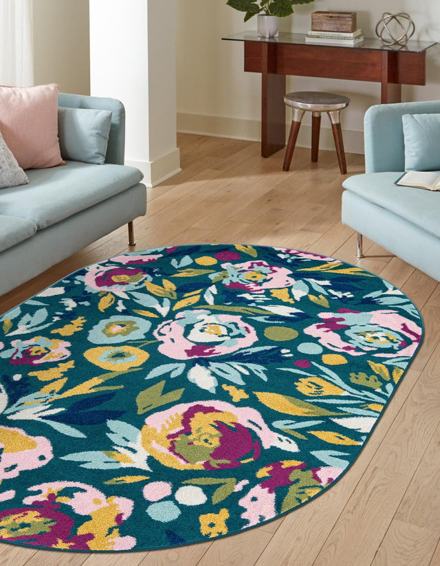 Teal 5' 3 x 7' 10 Bloom Oval Area Rug 100% Polypropylene With Cotton Backing Easy Clean Colorful Blooming Flower Floral Carpet for Living Dining Room Office Dorms for Sale at Rug Engine