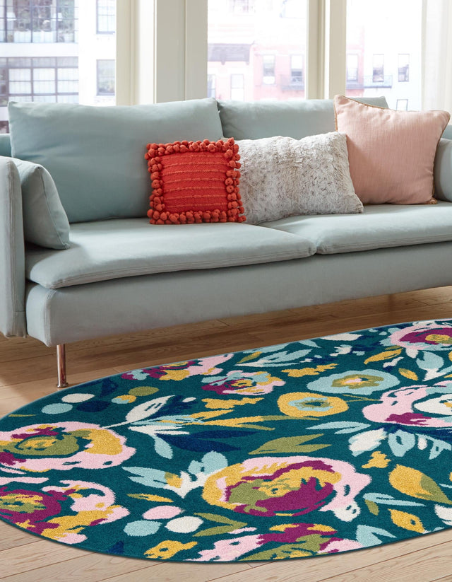 Teal 5' 3 x 7' 10 Bloom Oval Area Rug 100% Polypropylene With Cotton Backing Easy Clean Colorful Blooming Flower Floral Carpet for Living Dining Room Office Dorms for Sale at Rug Engine