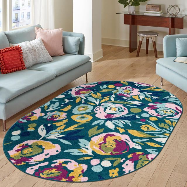 Teal 7' 10 x 10' Bloom Oval Area Rug 100% Polypropylene With Cotton Backing Easy Clean Colorful Blooming Flower Floral Carpet for Living Dining Room Office Dorms for Sale at Rug Engine