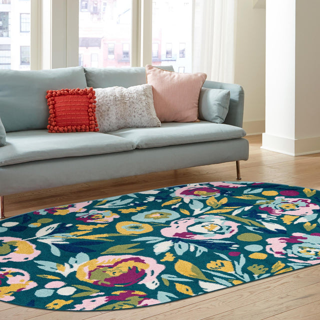 Teal 5' 3 x 7' 10 Bloom Oval Area Rug 100% Polypropylene With Cotton Backing Easy Clean Colorful Blooming Flower Floral Carpet for Living Dining Room Office Dorms for Sale at Rug Engine