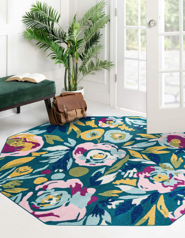 Teal 7' x 7' Bloom Octagon Area Rug 100% Polypropylene With Cotton Backing Easy Clean Colorful Blooming Flower Floral Carpet for Living Dining Room Office Dorms for Sale at Rug Engine