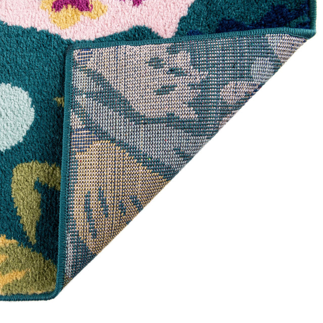 Teal 7' x 7' Bloom Octagon Area Rug 100% Polypropylene With Cotton Backing Easy Clean Colorful Blooming Flower Floral Carpet for Living Dining Room Office Dorms for Sale at Rug Engine