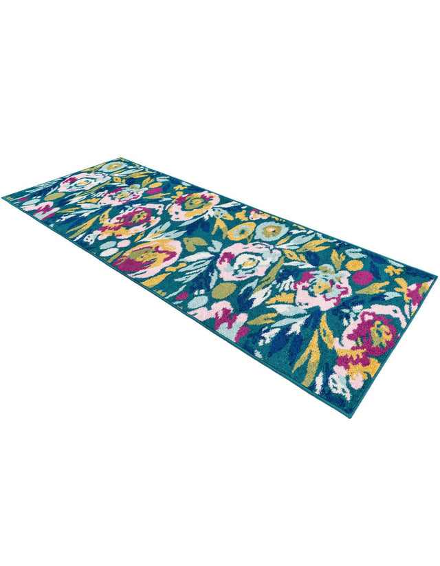 Teal 2' x 8' Bloom Runner Area Rug 100% Polypropylene With Cotton Backing Easy Clean Colorful Blooming Flower Floral Carpet for Living Dining Room Office Dorms for Sale at Rug Engine