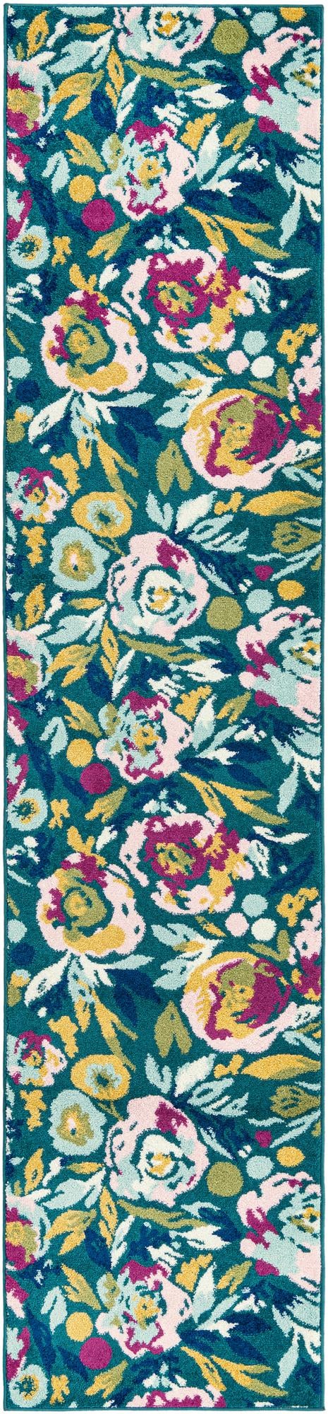 Teal 2' 7 x 12' Bloom Runner Area Rug 100% Polypropylene With Cotton Backing Easy Clean Colorful Blooming Flower Floral Carpet for Living Dining Room Office Dorms for Sale at Rug Engine