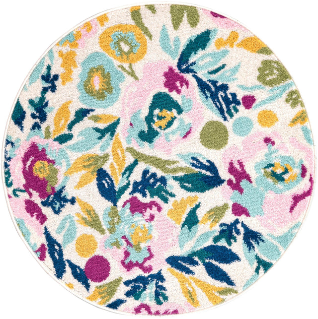 White 3' 3 x 3' 3 Bloom Round Area Rug 100% Polypropylene With Cotton Backing Easy Clean Colorful Blooming Flower Floral Carpet for Living Dining Room Office Dorms for Sale at Rug Engine