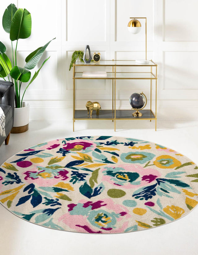 White 7' x 7' Bloom Round Area Rug 100% Polypropylene With Cotton Backing Easy Clean Colorful Blooming Flower Floral Carpet for Living Dining Room Office Dorms for Sale at Rug Engine