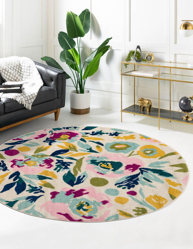 White 6' 1 x 6' 1 Bloom Round Area Rug 100% Polypropylene With Cotton Backing Easy Clean Colorful Blooming Flower Floral Carpet for Living Dining Room Office Dorms for Sale at Rug Engine