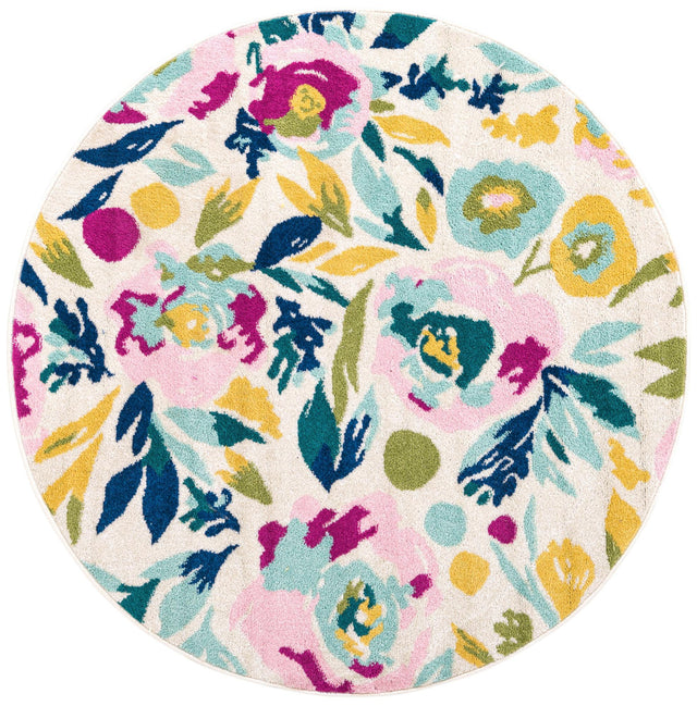 White 5' 3 x 5' 3 Bloom Round Area Rug 100% Polypropylene With Cotton Backing Easy Clean Colorful Blooming Flower Floral Carpet for Living Dining Room Office Dorms for Sale at Rug Engine
