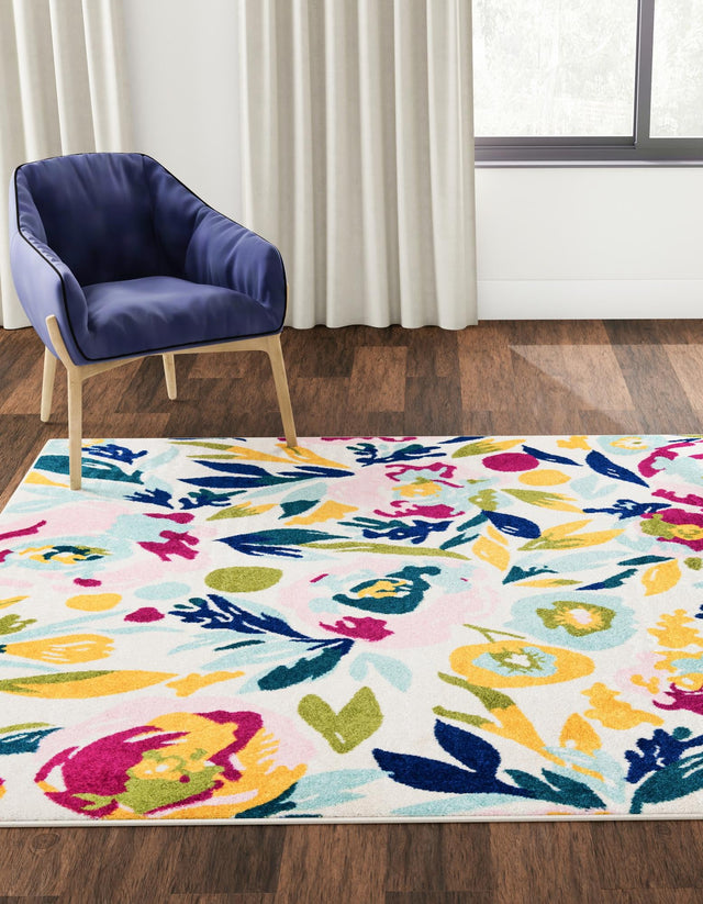 White 7' 10 x 7' 10 Bloom Square Area Rug 100% Polypropylene With Cotton Backing Easy Clean Colorful Blooming Flower Floral Carpet for Living Dining Room Office Dorms for Sale at Rug Engine