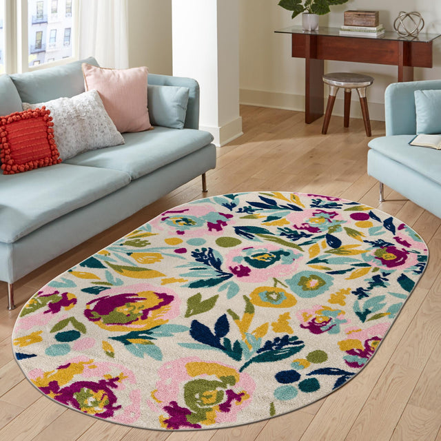 White 5' 3 x 7' 10 Bloom Oval Area Rug 100% Polypropylene With Cotton Backing Easy Clean Colorful Blooming Flower Floral Carpet for Living Dining Room Office Dorms for Sale at Rug Engine