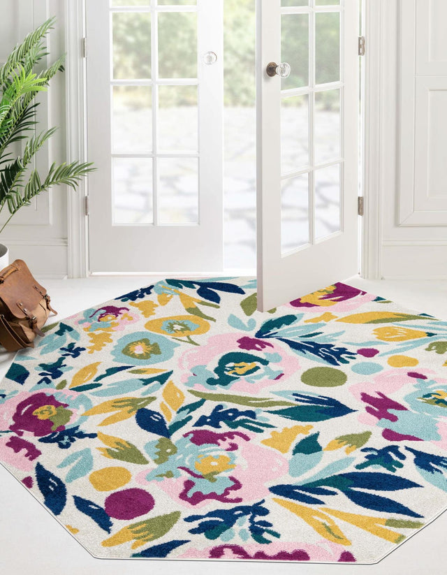 White 7' x 7' Bloom Octagon Area Rug 100% Polypropylene With Cotton Backing Easy Clean Colorful Blooming Flower Floral Carpet for Living Dining Room Office Dorms for Sale at Rug Engine