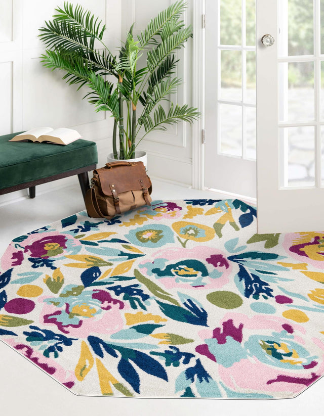 White 7' x 7' Bloom Octagon Area Rug 100% Polypropylene With Cotton Backing Easy Clean Colorful Blooming Flower Floral Carpet for Living Dining Room Office Dorms for Sale at Rug Engine