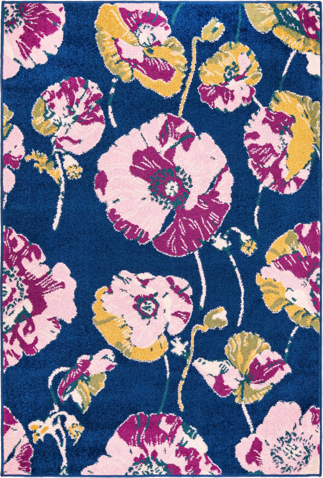 Navy Blue 4' x 6' Bloom Rectangle Area Rug 100% Polypropylene With Cotton Backing Easy Clean Colorful Blooming Flower Floral Carpet for Living Dining Room Office Dorms for Sale at Rug Engine