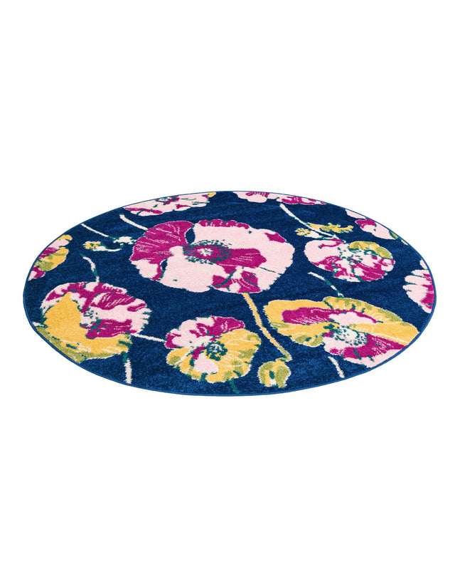 Navy Blue 5' 3 x 5' 3 Bloom Round Area Rug 100% Polypropylene With Cotton Backing Easy Clean Colorful Blooming Flower Floral Carpet for Living Dining Room Office Dorms for Sale at Rug Engine