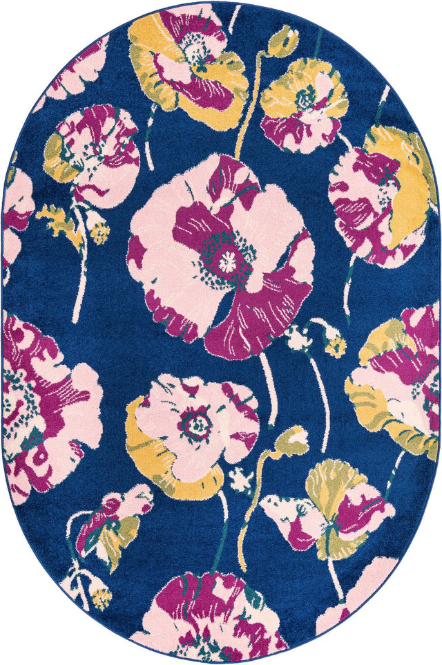 Navy Blue 6' x 9' Bloom Oval Area Rug 100% Polypropylene With Cotton Backing Easy Clean Colorful Blooming Flower Floral Carpet for Living Dining Room Office Dorms for Sale at Rug Engine