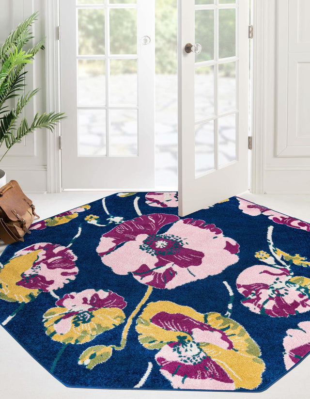 Navy Blue 7' x 7' Bloom Octagon Area Rug 100% Polypropylene With Cotton Backing Easy Clean Colorful Blooming Flower Floral Carpet for Living Dining Room Office Dorms for Sale at Rug Engine