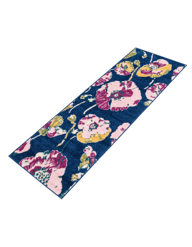 Navy Blue 2' x 6' Bloom Runner Area Rug 100% Polypropylene With Cotton Backing Easy Clean Colorful Blooming Flower Floral Carpet for Living Dining Room Office Dorms for Sale at Rug Engine