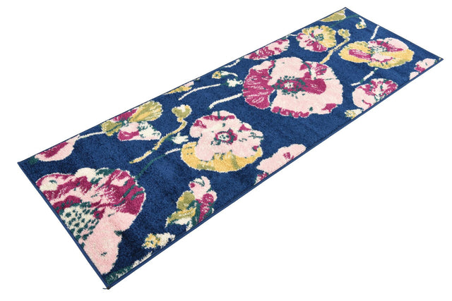 Navy Blue 2' x 6' Bloom Runner Area Rug 100% Polypropylene With Cotton Backing Easy Clean Colorful Blooming Flower Floral Carpet for Living Dining Room Office Dorms for Sale at Rug Engine