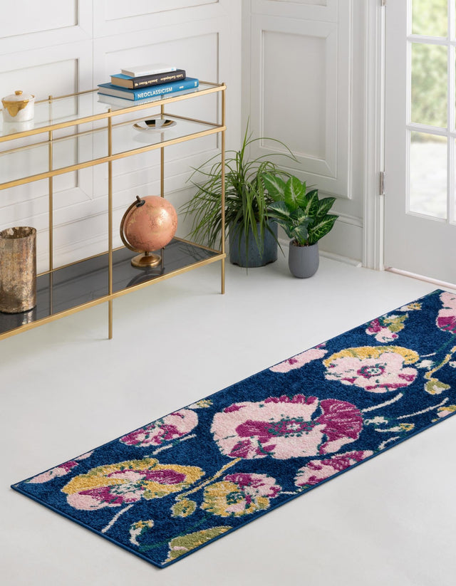 Navy Blue 2' x 8' Bloom Runner Area Rug 100% Polypropylene With Cotton Backing Easy Clean Colorful Blooming Flower Floral Carpet for Living Dining Room Office Dorms for Sale at Rug Engine