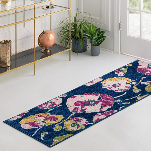 Navy Blue 2' 7 x 12' Bloom Runner Area Rug 100% Polypropylene With Cotton Backing Easy Clean Colorful Blooming Flower Floral Carpet for Living Dining Room Office Dorms for Sale at Rug Engine